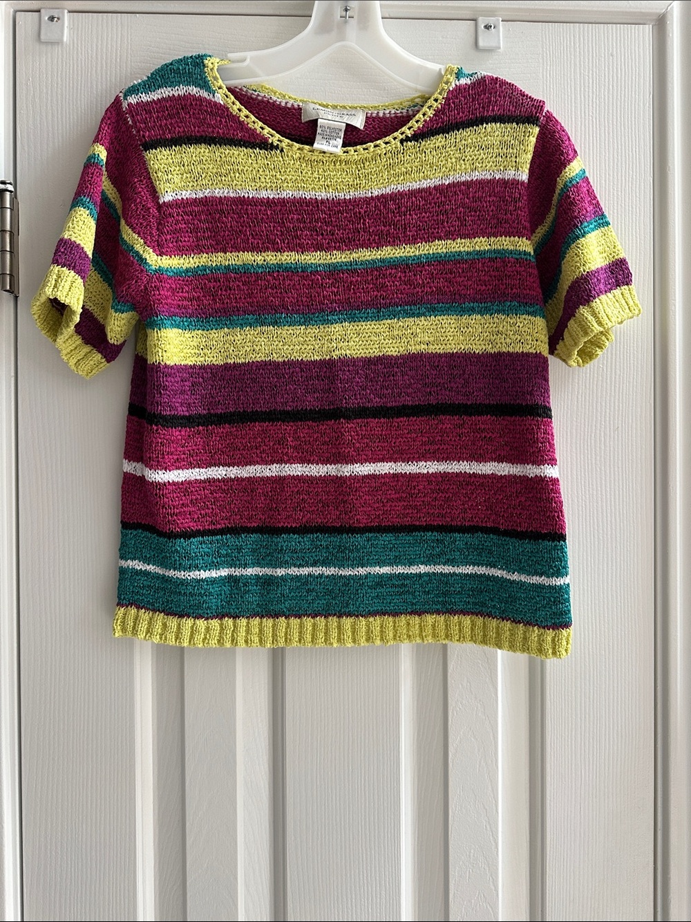 Vintage Striped Crewneck Short Sleeve knit Sweater Neon Magenta PL retro